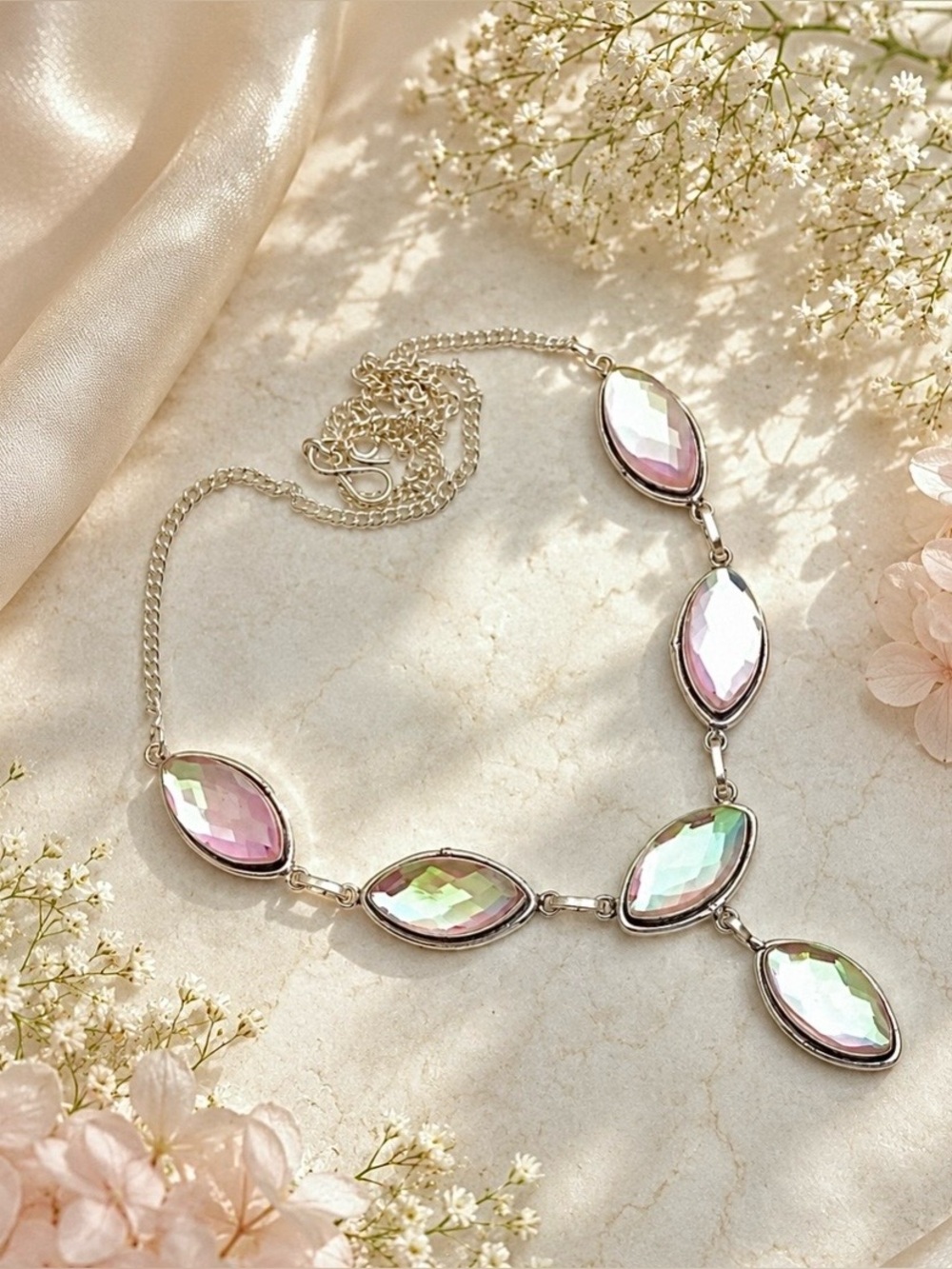 Faceted 6-Stone Aura Rainbow Fire Topaz Sterling Silver 18” Necklace